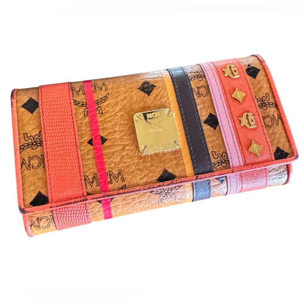 MCM Visetos Multicolor Stripe Long Wallet Cognac Gold Hardware Authentic